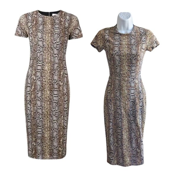 VICTORIA BECKHAM Brown Snake Jacquard Sheath Midi Dress Cap Sleeve Sz UK 8/US 4 - Picture 8 of 10